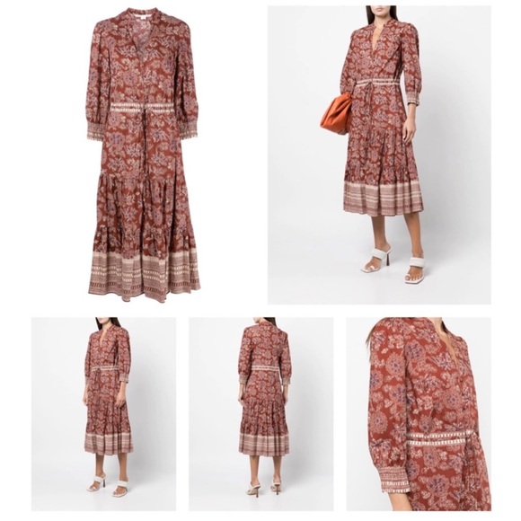 New Veronica Beard Swedie Red rust Floral Cotton Border Print Midi Dress paisley - Picture 5 of 15